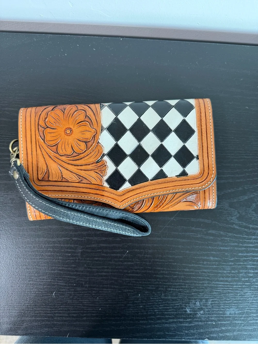 Leather Floral Tooled Wristlet Wallet in Brown and Black/White